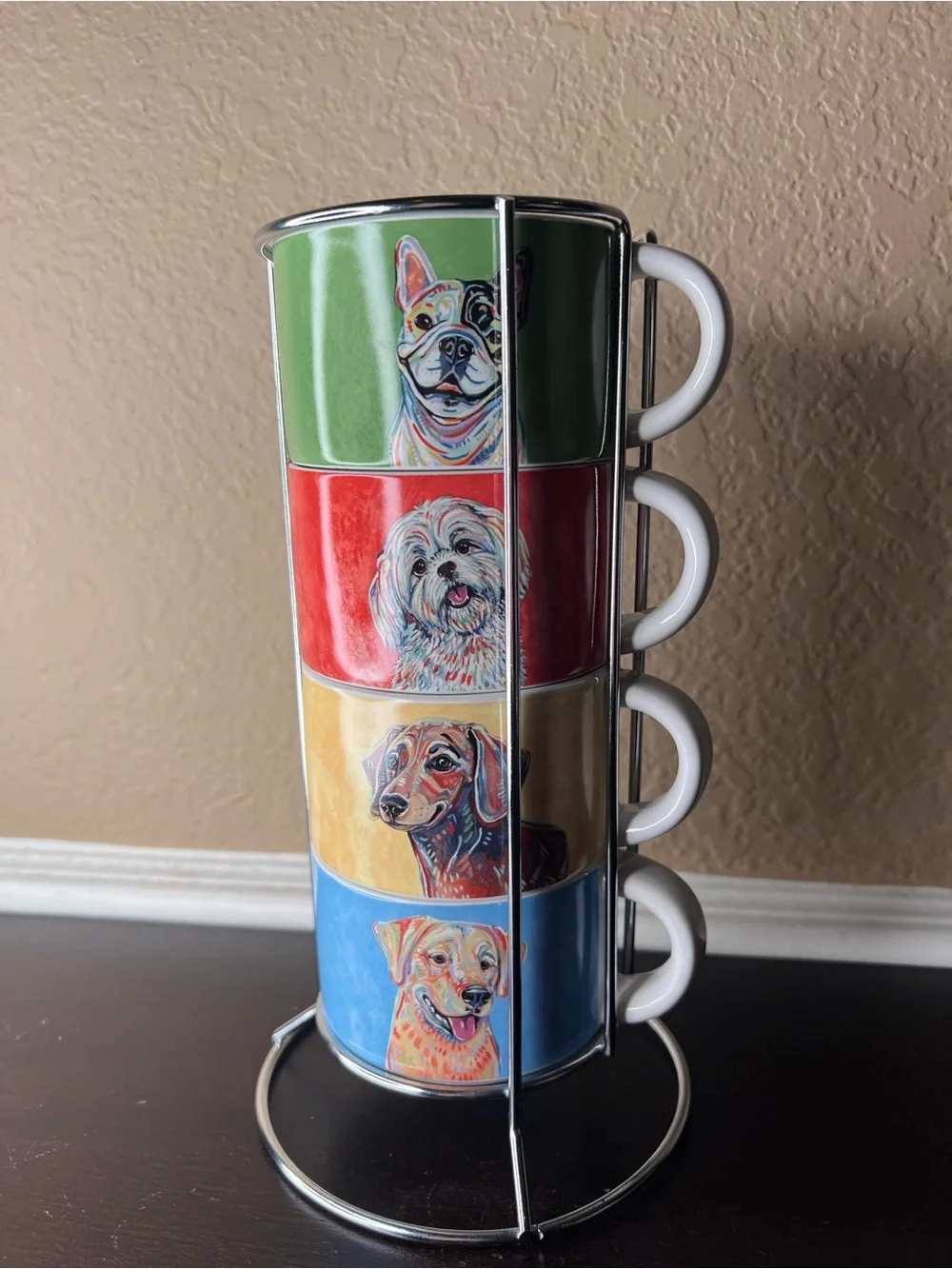 Vintage 2000s Pier 1 Dog Mug Set w Stand 4 Stoneware Cups